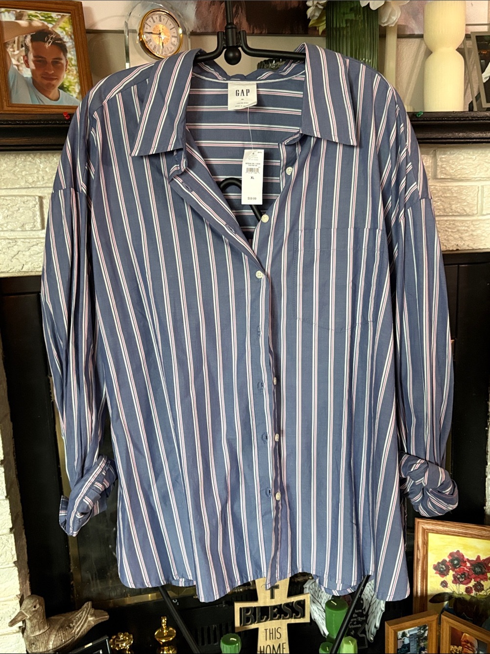 GAP Navy and White Vertical Striped Button-Up Shirt